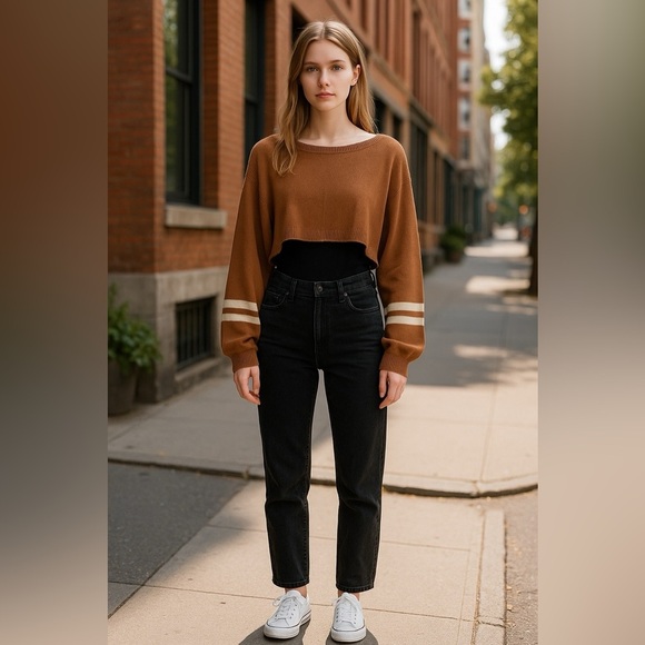 Y2K Varsity Double Striped Cropped Acrylic Sweater SIZE Large Brown & Wh… - Picture 11 of 11